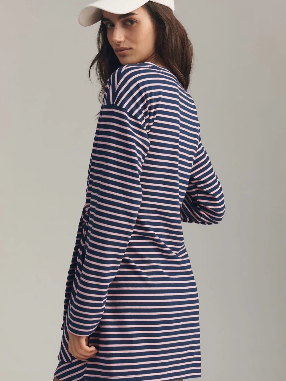 Striped Navy & Light Pink Tie-Waist Knit Dress - Picture 3 of 5